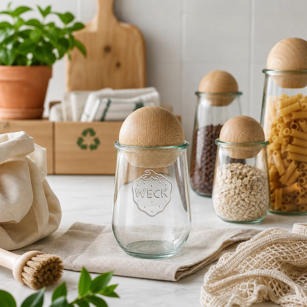 1062ml słoik tulipan WECK RR100 z drewnianą kulką buk Słoik WECK tulipan 1062ml RR100 z bukową kulką w zrównoważonej kuchni zero-waste z symbolem recyklingu i naturalnymi materiałami