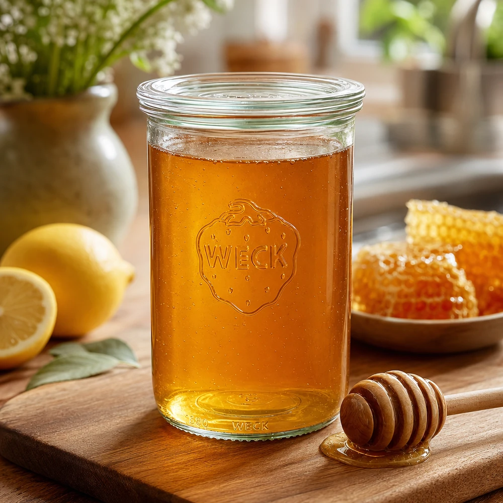 Kubki o pojemności 1000 ml ze szklaną pokrywką WECK RR100 Kubki WECK 1000ml RR100 wypełnione miodem obok plastra miodu i łyżki miodu na drewnianej desce w ciepłej kuchni