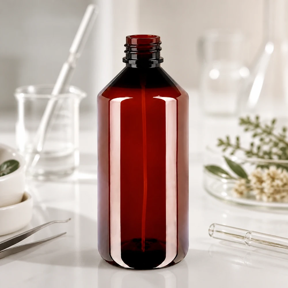 Butelka PET 1000ml z atomizerem czarna Bursztynowa butelka PET o pojemności 1000 ml bez nakrętki w laboratorium z ziołami i naczyniami szklanymi