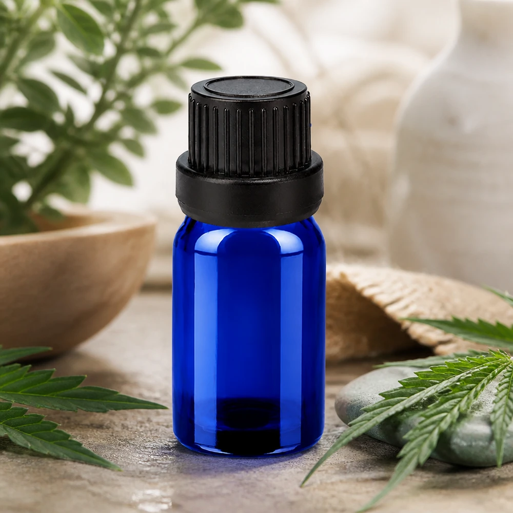 Mała niebieska szklana butelka 5ml z czarną zakrętką OV BlueLine UT18 do aromaterapii