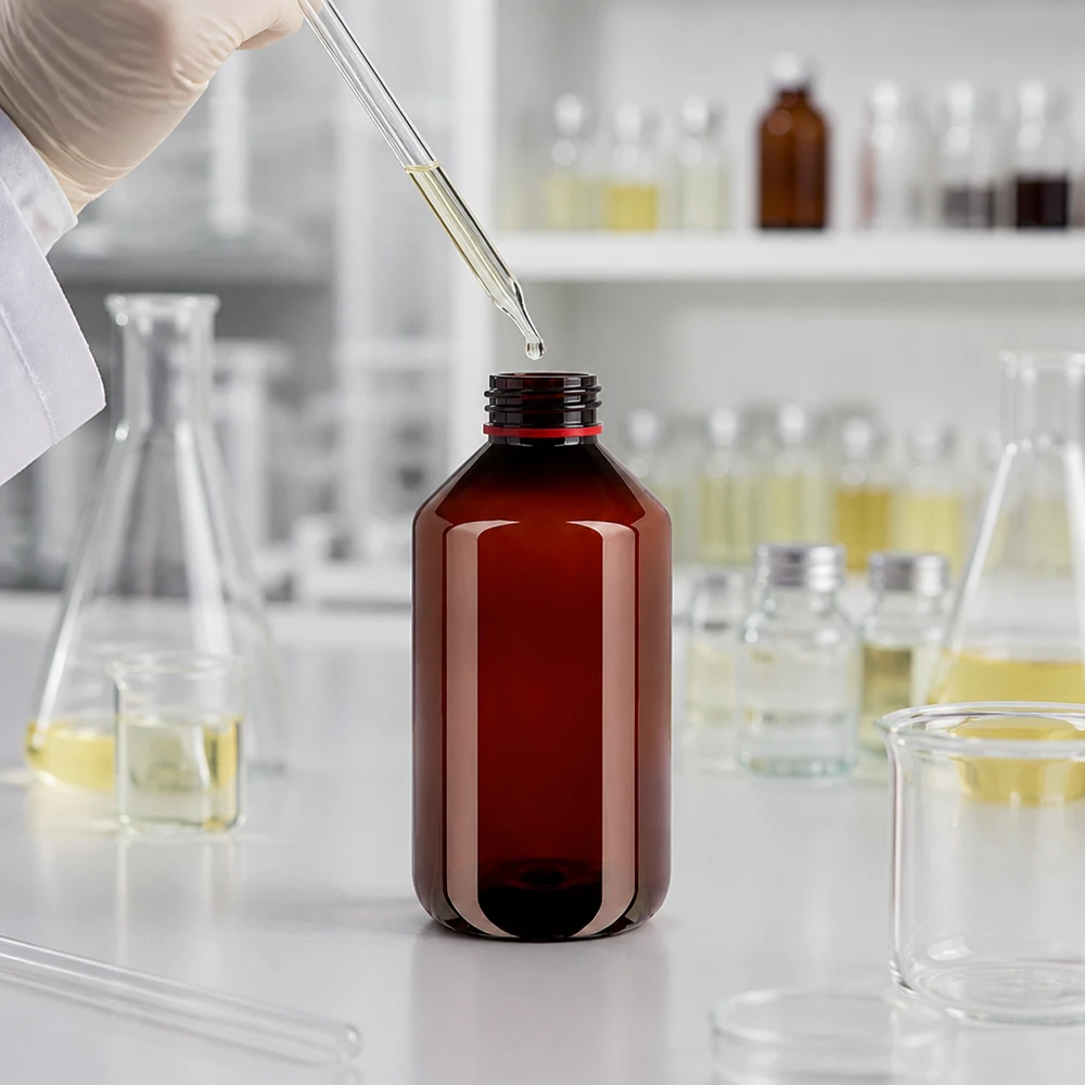 Butelka PET 500 ml z białą/czerwoną nakrętką OV Butelka PET z ochroną przed światłem o pojemności 500 ml z czerwonym zamknięciem zabezpieczającym przed manipulacją, przeznaczona do wrażliwych płynów laboratoryjnych