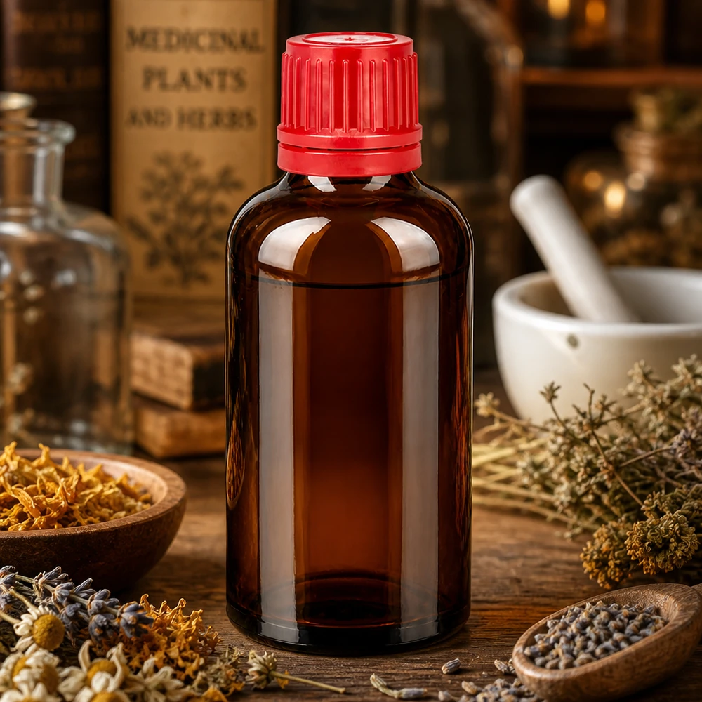 Butelka szklana BrownLine 50 ml z ochroną UV i czerwoną nasadką zabezpieczającą do nalewek