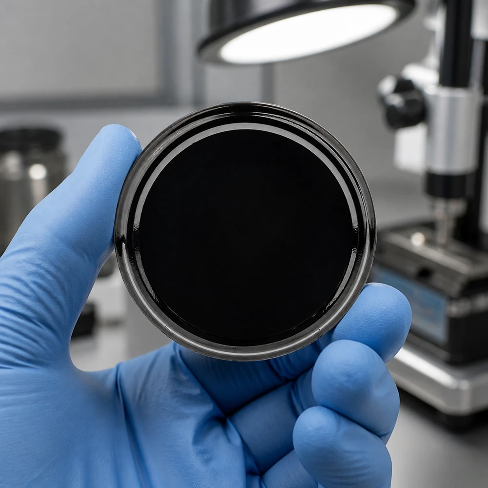 Lśniąca czarna nakrętka BasicSeal TO70 70 mm – zbliżenie na rękawicę laboratoryjną UNiTWIST