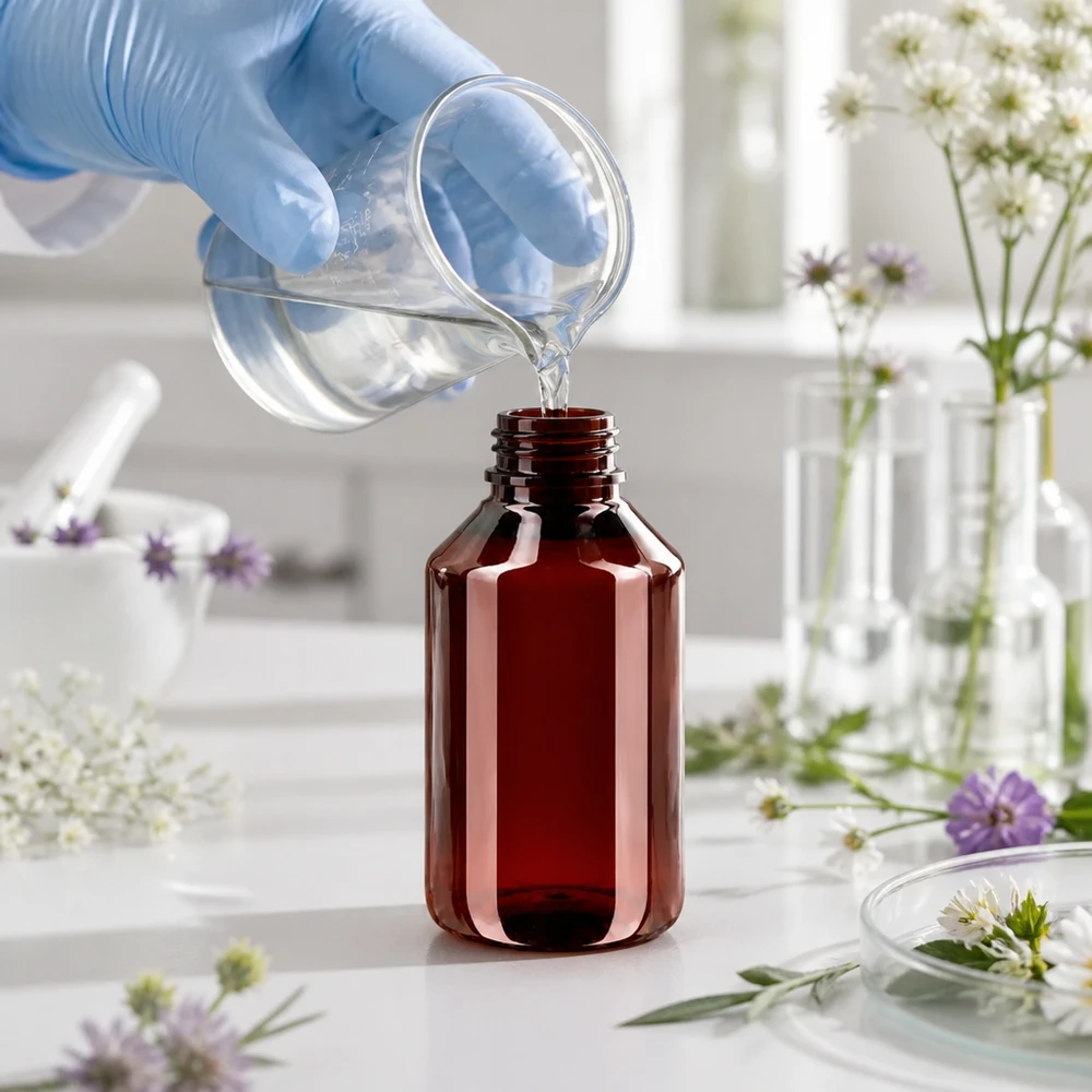 Mała plastikowa buteleczka o pojemności 50 ml z oryginalnym zamknięciem zabezpieczonym przed dziećmi w kolorze zielonym, przeznaczona do zastosowań laboratoryjnych