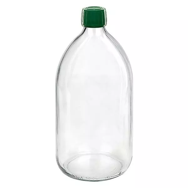 Butelka na lek 1000 ml przezroczysta, zakrętka zielona z pierścieniem zabezpieczającym ApoGlas. Farmaceutyczna jakość produkcji UE. Gwint 28 mm (PP28). (syrop, butelka z lekkiego szkła)