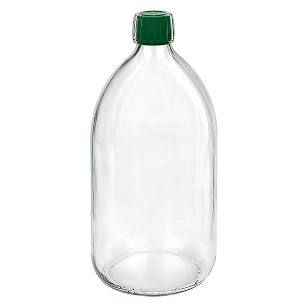 Butelka na lek 1000 ml przezroczysta, zakrętka zielona z pierścieniem zabezpieczającym ApoGlas. Farmaceutyczna jakość produkcji UE. Gwint 28 mm (PP28). (syrop, butelka z lekkiego szkła) Butelka na lek 1000 ml przezroczysta, zakrętka zielona z pierścieniem zabezpieczającym ApoGlas. Farmaceutyczna jakość produkcji UE. Gwint 28 mm (PP28). (syrop, butelka z lekkiego szkła)