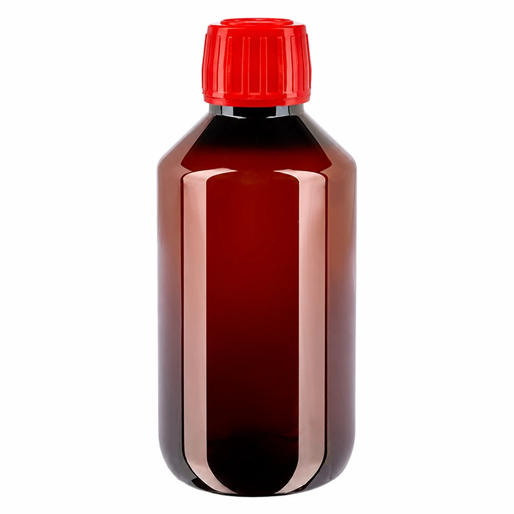 Brązowa butelka PET o pojemności 200 ml z oryginalnym czerwonym zamknięciem, zapewniająca bezpieczne przechowywanie płynów
