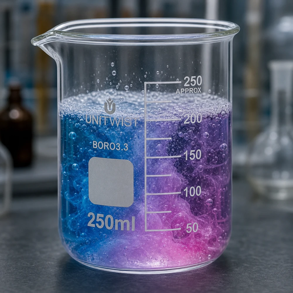 Zlewka 250 ml borokrzemianowa, niski kształt UNiTWIST Szklanka o pojemności 250 ml, niska, z niebiesko-fioletową barwą, wykonana z żaroodpornego szkła borokrzemowego 3.3
