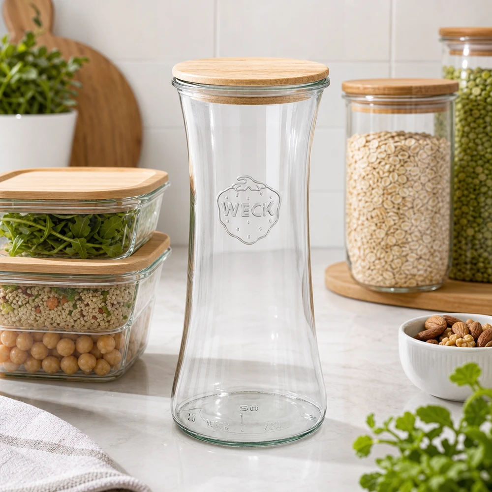 Słoik delikatesowy 700ml WECK RR80 z drewnianą pokrywką Słoik delikatesowy WECK 700ml pusty w nowoczesnej kuchni ze słoikami do przechowywania i zorganizowanym przechowywaniem żywności