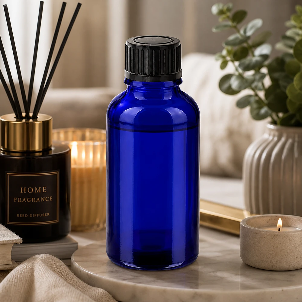 Butelka 30 ml, 11 mm SV, czarna STD BlueLine UT18/30 30 ml szklana butelka w kolorze kobaltowego błękitu ze standardową nasadką 11 mm do profesjonalnej aromaterapii