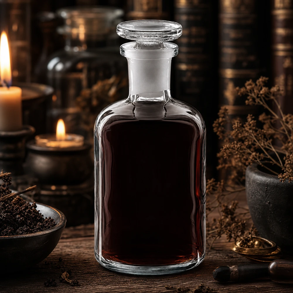 Okrągła butelka na ramię 100 ml, przezroczysta, szklana zatyczka z wąską szyjką Ciemna nalewka w butelce o pojemności 100 ml z zaokrąglonymi ramionami, z przezroczystego szkła, z wąską szyjką i szklanym korkiem – tworzy mistyczną atmosferę