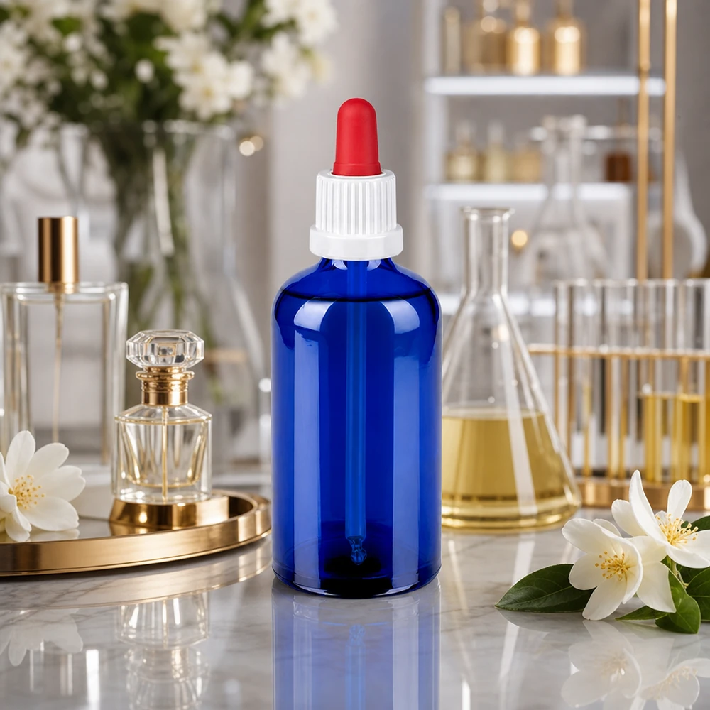 Butelka do leków płynnych 100 ml biała/czerwona OV BlueLine UT18/100 Precyzyjna butelka na krople 100 ml w kolorze jasnoniebieskim do zastosowań homeopatycznych i naturopatycznych