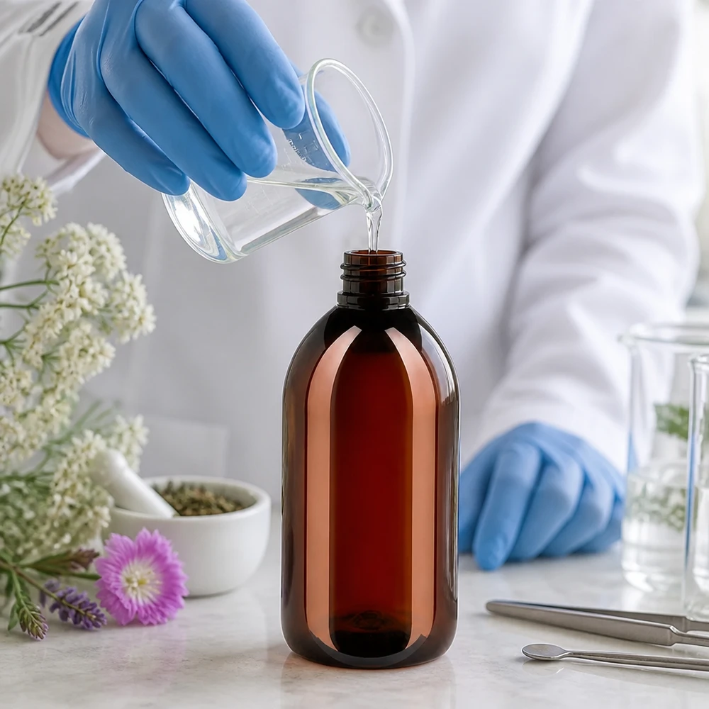 Butelka PET 250ml z nakrętką odgazowującą czerwona Brązowa butelka apteczna o pojemności 250 ml, wykonana z PET, z czerwonym korkiem odpowietrzającym, stosowana w laboratorium