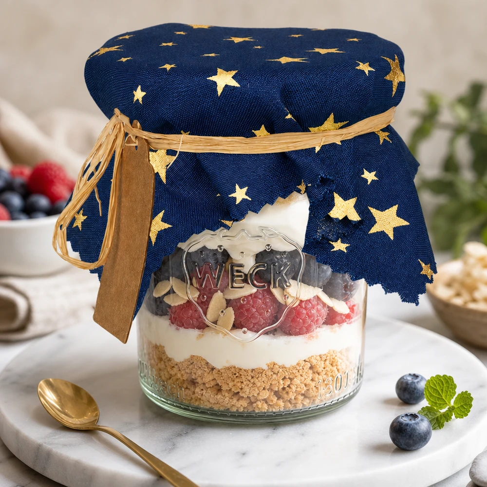 Tkanina serwetka gwiazdki niebieski kwadrat 150x150mm Blaues Sternenmuster Schmuckdeckchen auf Dessertglas mit Beeren und Sahne - dekoratives Stoffdeckchen 15cm eckig