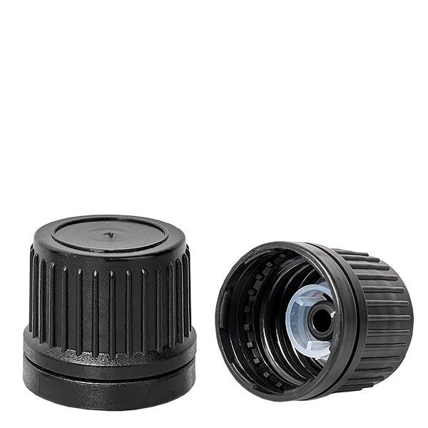 Zakr&#281;tka czarna (DIN18, UT18) 8 mm z pier&#347;cieniem zabezpieczaj&#261;cym przed otwarciem. Do butelek farmaceutycznych ApoGlas&#174;, UNiTWIST&#174; i Miron&#174; 5-100 ml z gwintem 18 mm.