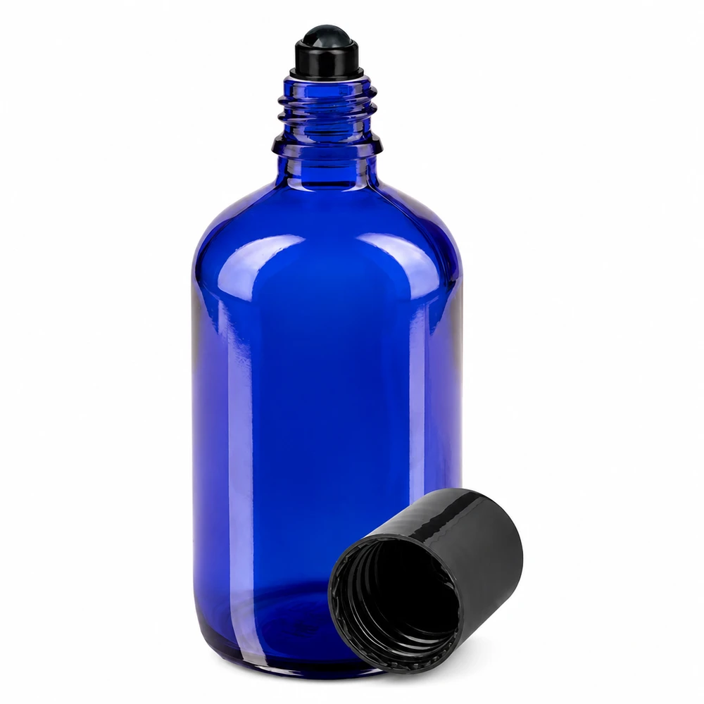 Niebieska buteleczka z kulką o pojemności 100 ml, wykonana ze szkła aptecznego, z czarnym zamknięciem z kulką