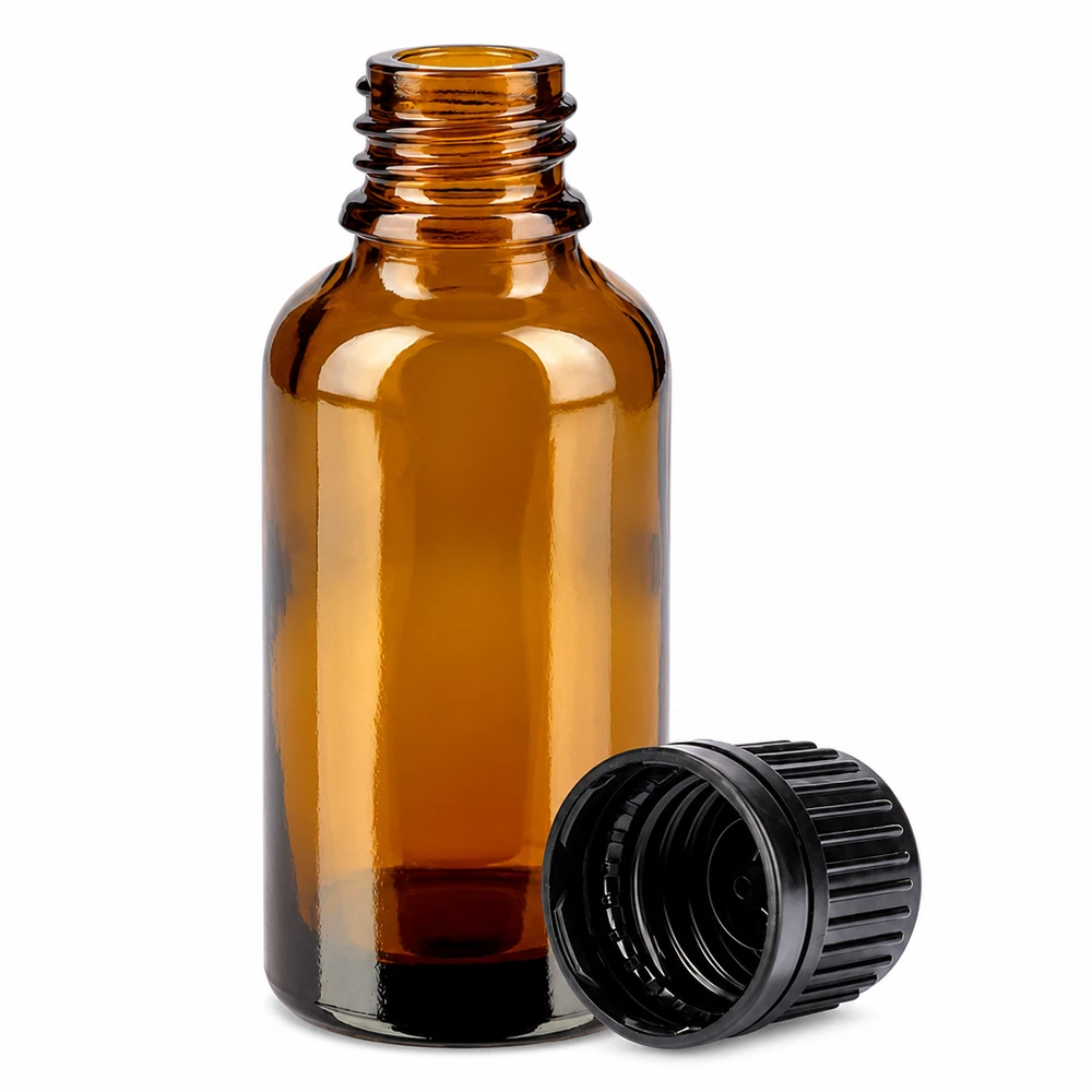 Brązowa szklana butelka 30 ml z czarną zakrętką do aromaterapii i medycyny