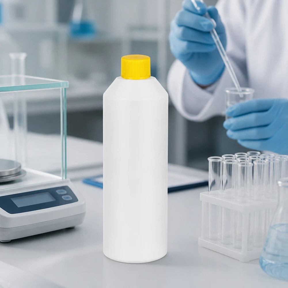 Biała butelka apteczna z HDPE o pojemności 250 ml z żółtym zamknięciem zabezpieczającym w laboratorium