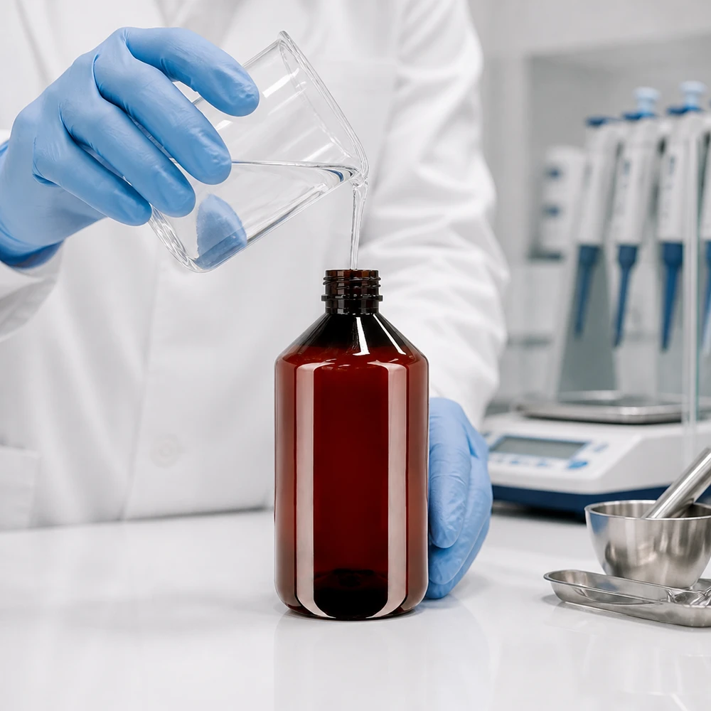 Laborant napełnia brązową butelkę PET o pojemności 750 ml z standardowym zamknięciem płynem