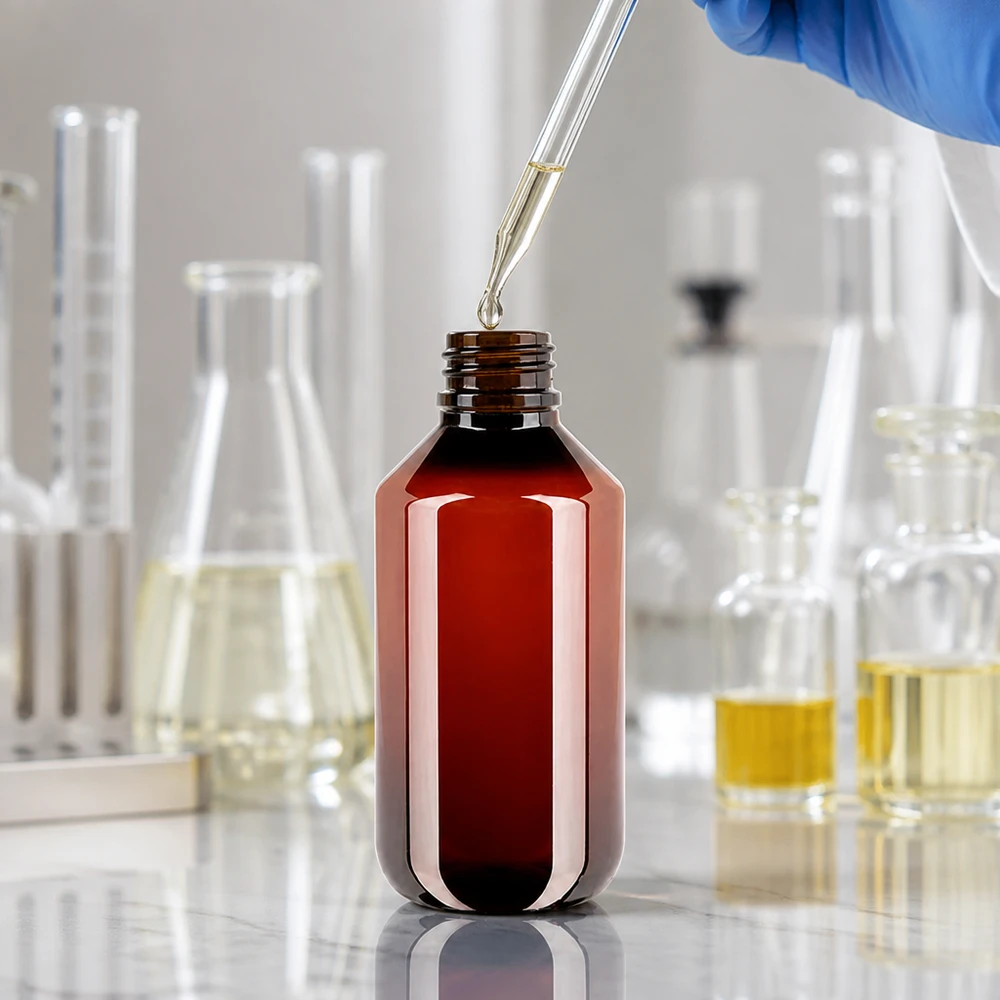 Kompakte PET Flasche 200ml in Braunglas Optik mit OV für Kosmetik und Laboranwendungen