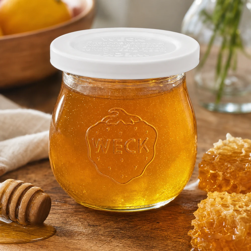 Słoik tulipan o pojemności 75 ml z pokrywką WECK RR40 WECK Tulpenglas 75ml mit Honig befüllt neben Waben und Honiglöffel zeigt vielseitige Verwendung des RR40 Einmachglases