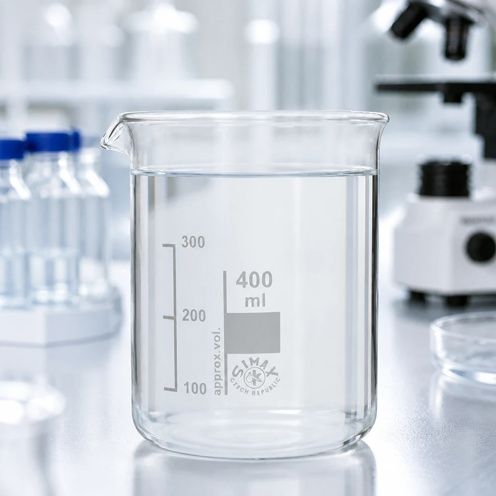 Zlewka 400 ml ze szkła borokrzemowego, niski kształt Grubościenna zlewka laboratoryjna 400 ml wykonana z wysokiej jakości szkła borokrzemowego do precyzyjnych pomiarów