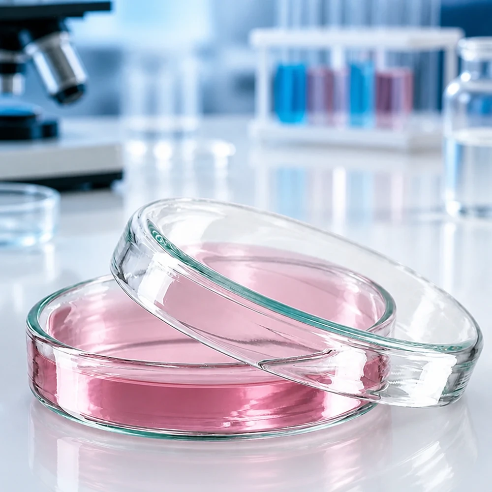 Dwie szklane szalki Petriego o wymiarach 60 x 15 mm z różową pożywką do hodowli komórek, ułożone jedna na drugiej w warunkach laboratoryjnych