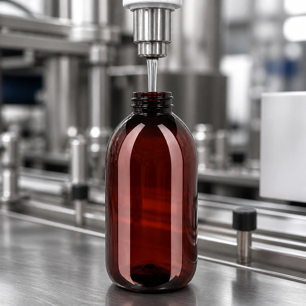 Automatyczne napełnianie brązowej butelki PET o pojemności 250 ml z białym opakowaniem zewnętrznym na przemysłowym przenośniku taśmowym