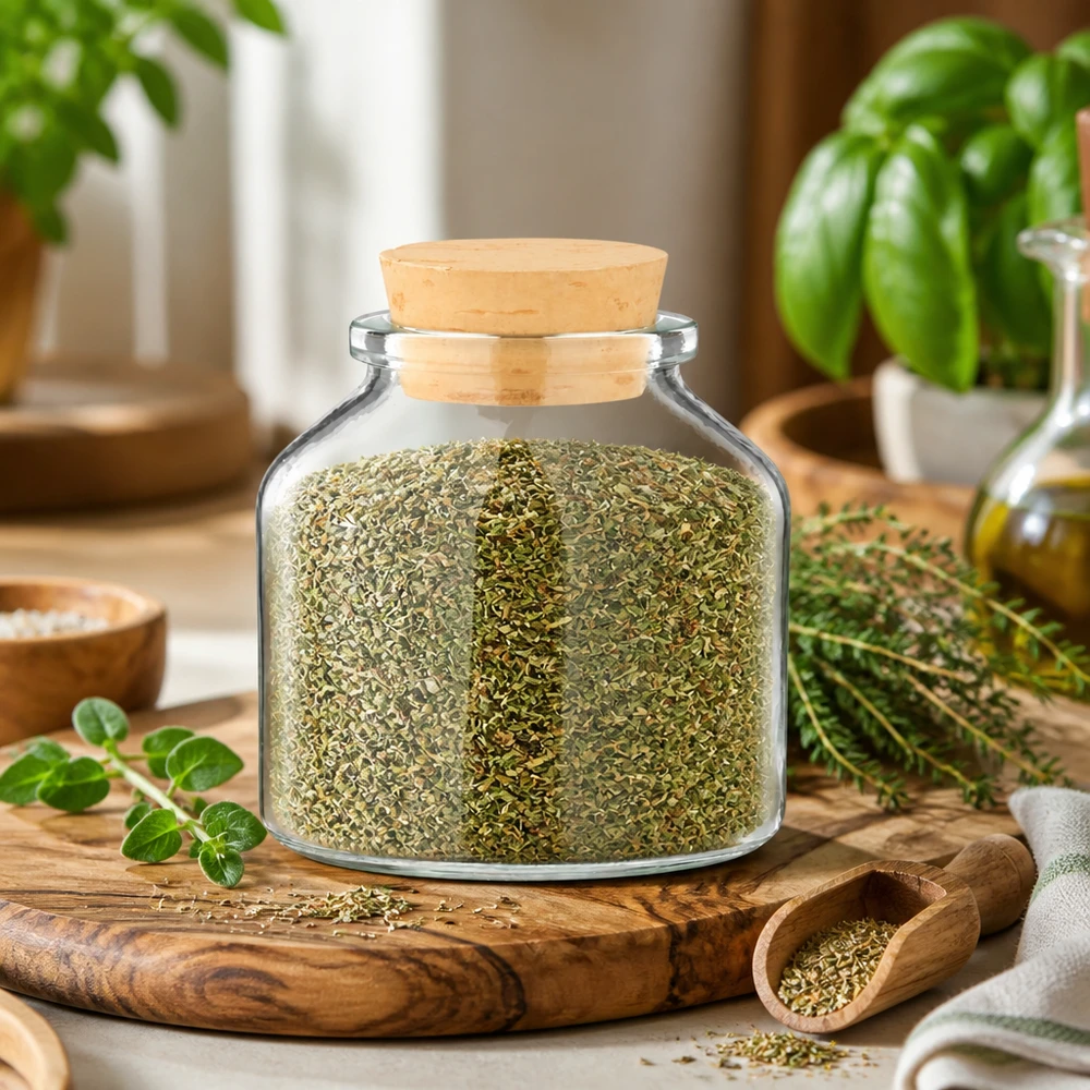 Mały słoiczek na przyprawy o pojemności 100 ml z korkowym zamknięciem, wypełniony suszonym oregano, na drewnianej deseczce