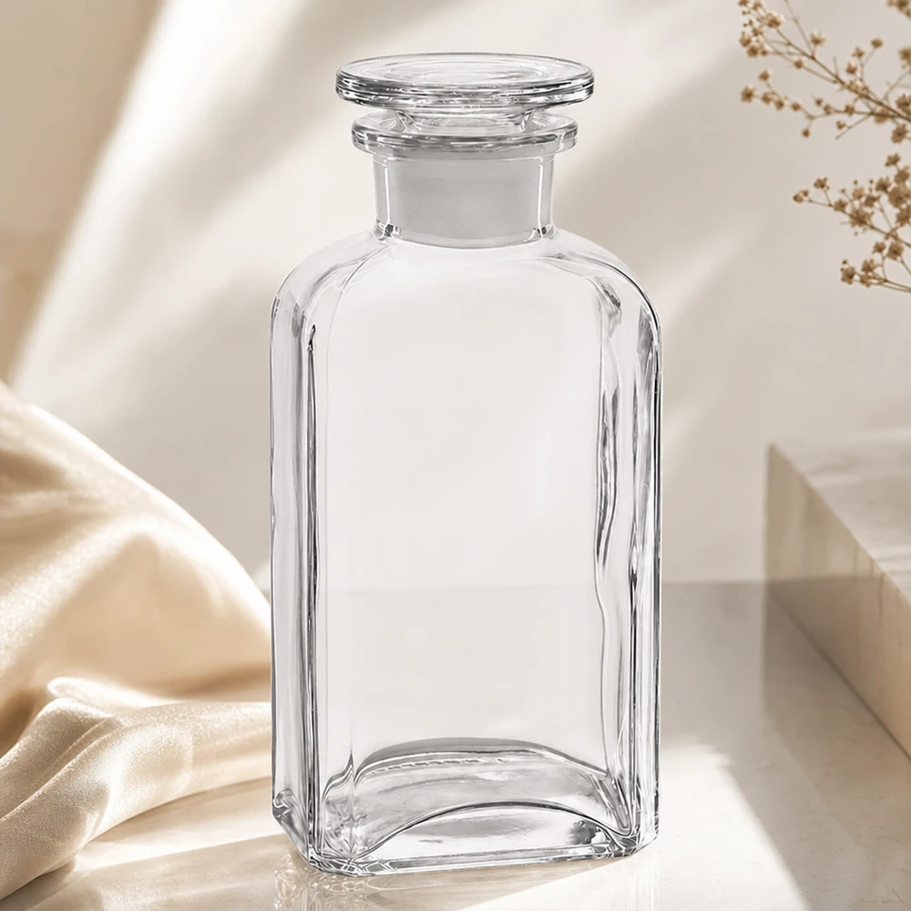 Kwadratowa butelka 250 ml z przezroczystym szklanym korkiem z szeroką szyjką Pusta butelka kwadratowa o pojemności 250 ml, z przezroczystego szkła, z korkiem, na białym tle obok jedwabnej tkaniny