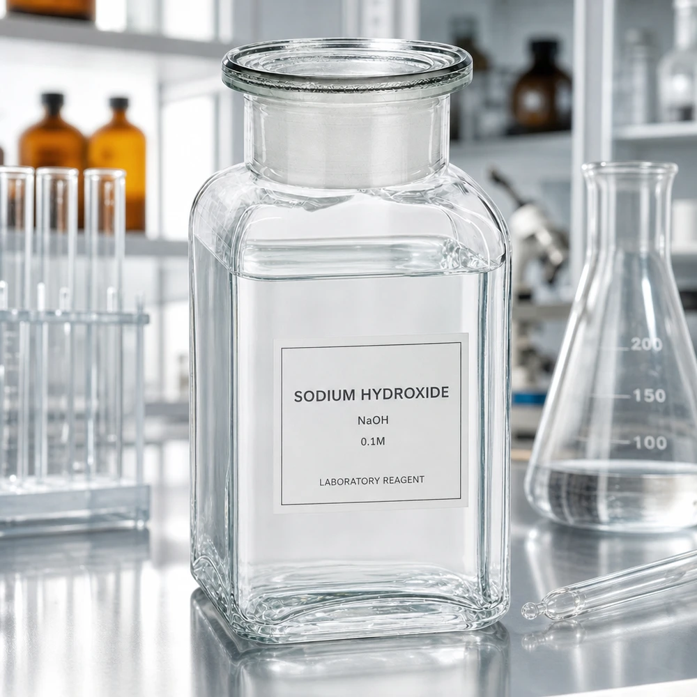 Przezroczysta butelka laboratoryjna o przekroju kwadratowym, pojemność 100 ml, zawierająca roztwór wodorotlenku sodu (NaOH) i szklany korek, z szeroką szyjką
