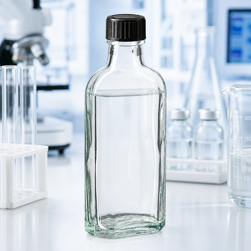 100 ml Przezroczysta zakrętka Meplat z dyskiem uszczelniającym z EPE Przezroczysta szklana butelka o pojemności 100 ml z czarną plastikową nakrętką w laboratorium na białym blacie roboczym