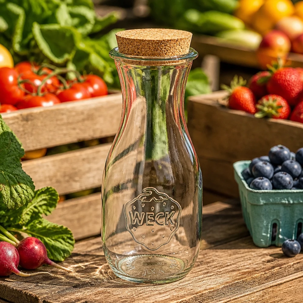 Butelka na sok 530ml WECK RR60 z korkiem naturalna WECK butelka na sok 530ml pusta z korkiem pomiędzy świeżymi owocami i warzywami na drewnianym stole naturalna kuchnia