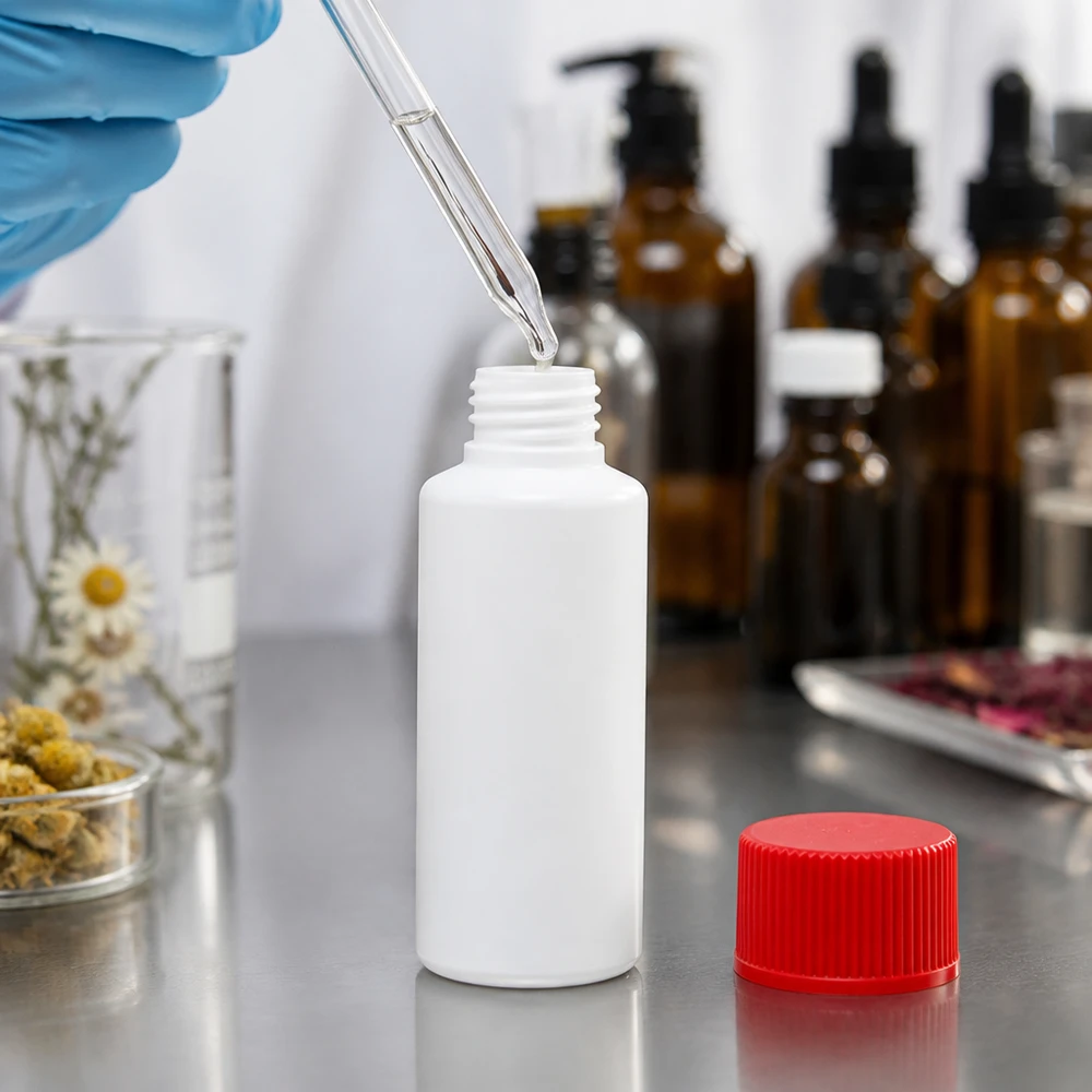 Biała butelka z tworzywa HDPE o pojemności 30 ml z czerwoną nakrętką, przeznaczona dla aptek i laboratoriów