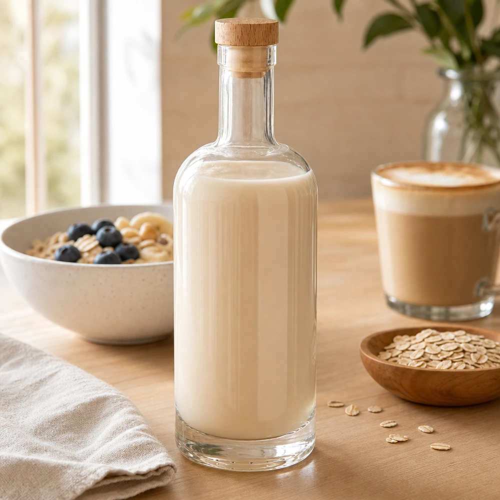 750 ml szklana butelka Emma z drewnianym korkiem wypełniona mlekiem owsianym obok miski z płatkami zbożowymi i filiżanki kawy na drewnianym stole