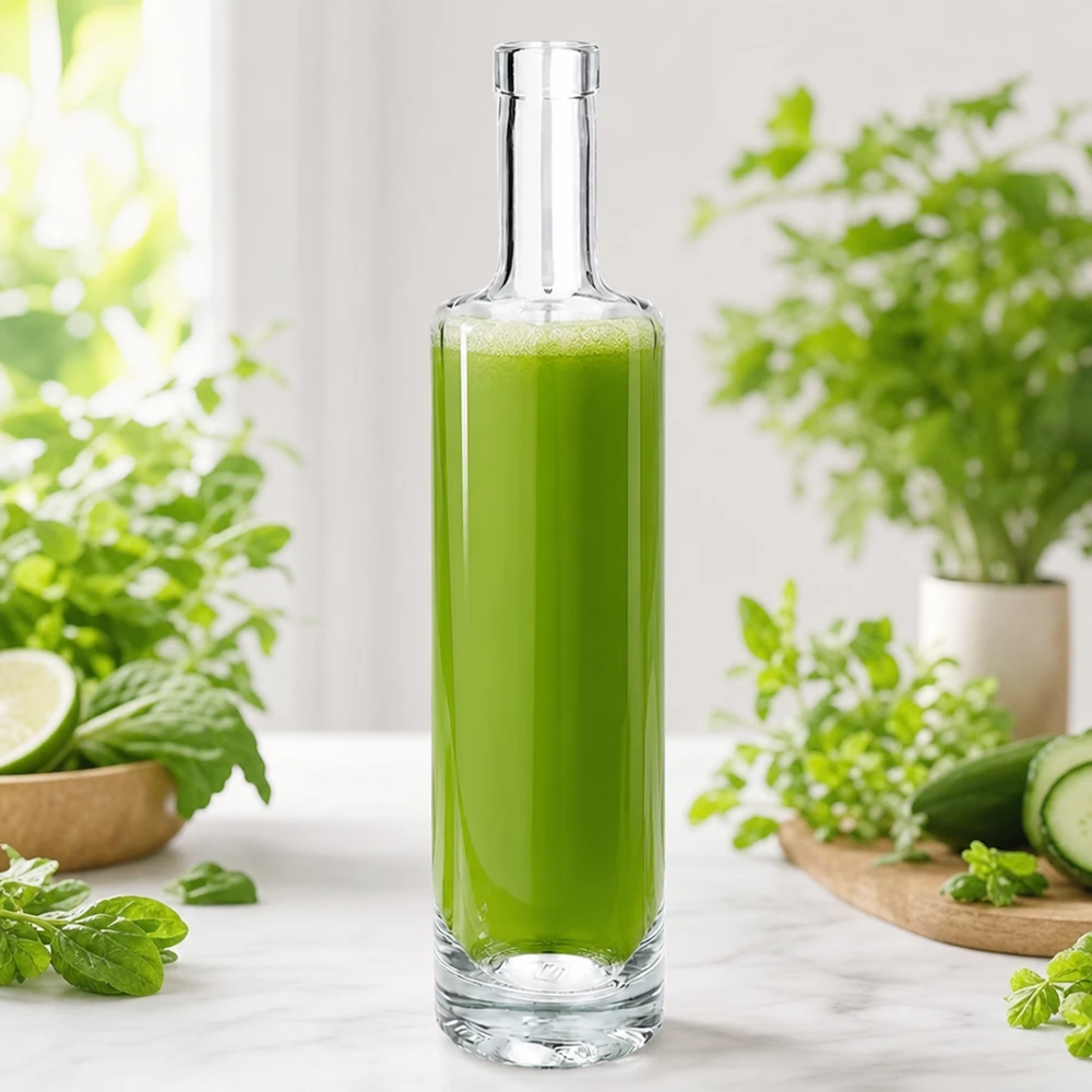 Szklana butelka 500 ml Lina bez zamknięcia UNiTWIST® 500 ml szklana butelka Lina wypełniona zielonym koktajlem między świeżymi ziołami i warzywami w naturalnej scenerii kuchennej