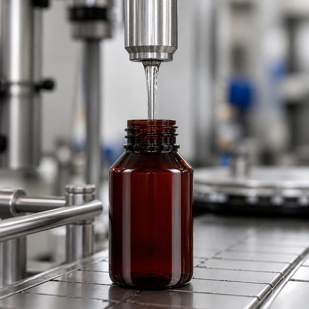 Butelka PET 50 ml z białą/czerwoną nakrętką OV Automatyczna linia rozlewnicza napełnia brązowe butelki PET o pojemności 50 ml z zamknięciem zabezpieczającym przed dziećmi