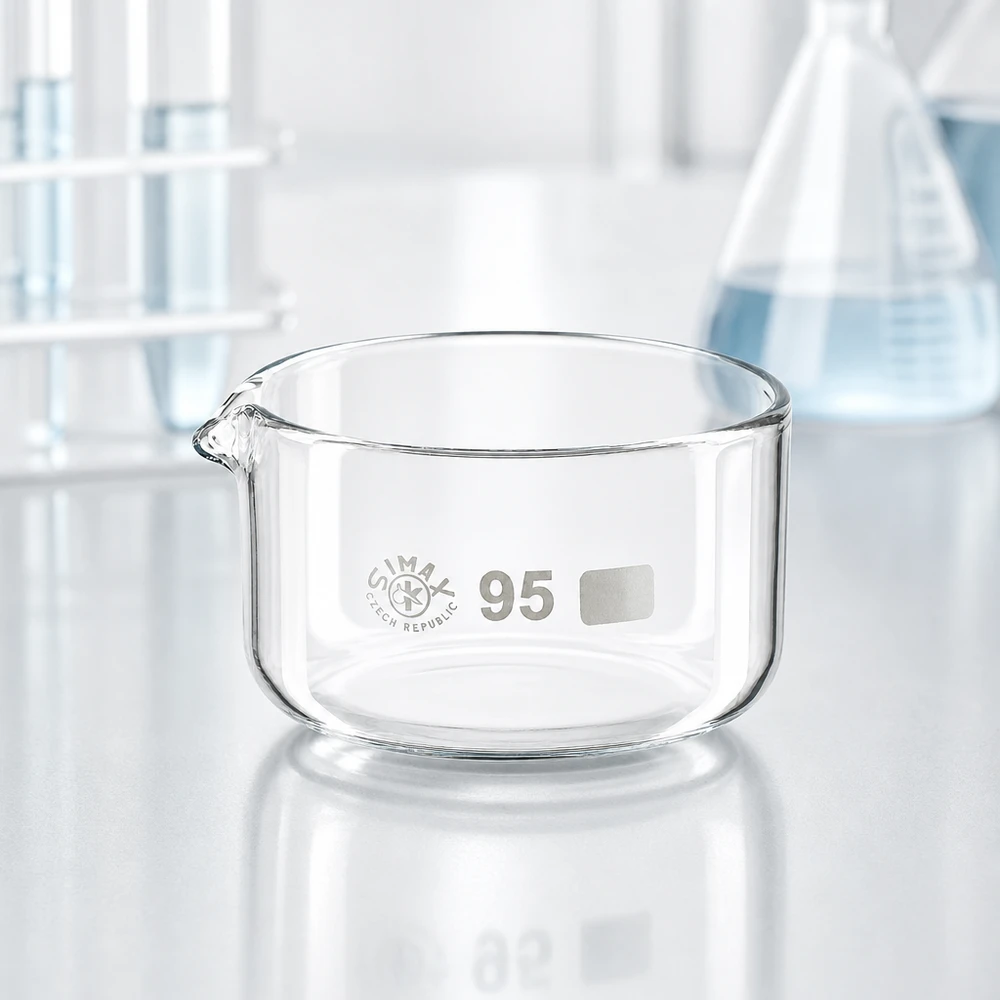 Okrągłe naczynie laboratoryjne o pojemności 300 ml z wylewką, wykonane z przezroczystego szkła borokrzemowego, na białym podłożu laboratoryjnym SIMAX