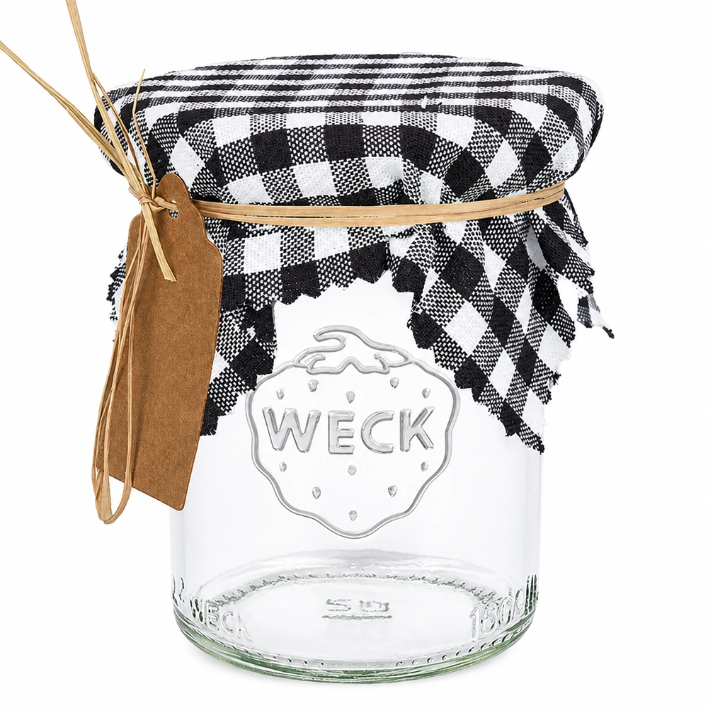 Tkanina serwetka w kratkę biały/czarny kwadrat 120x120mm Słoik Weck z pokrywką z tkaniny w czarno-białą kratkę i kokardą z rafii, dekoracyjny pojemnik do przechowywania w stylu wiejskiego domu