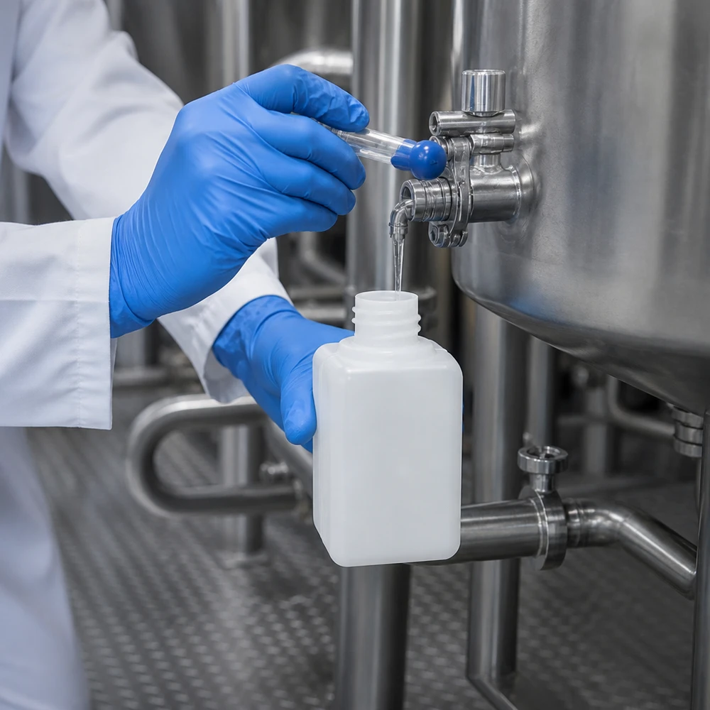 Technik pobiera próbkę ze zbiornika ze stali nierdzewnej do białej butelki na chemikalia z PE-HD o pojemności 50 ml i szerokości szyjki 18