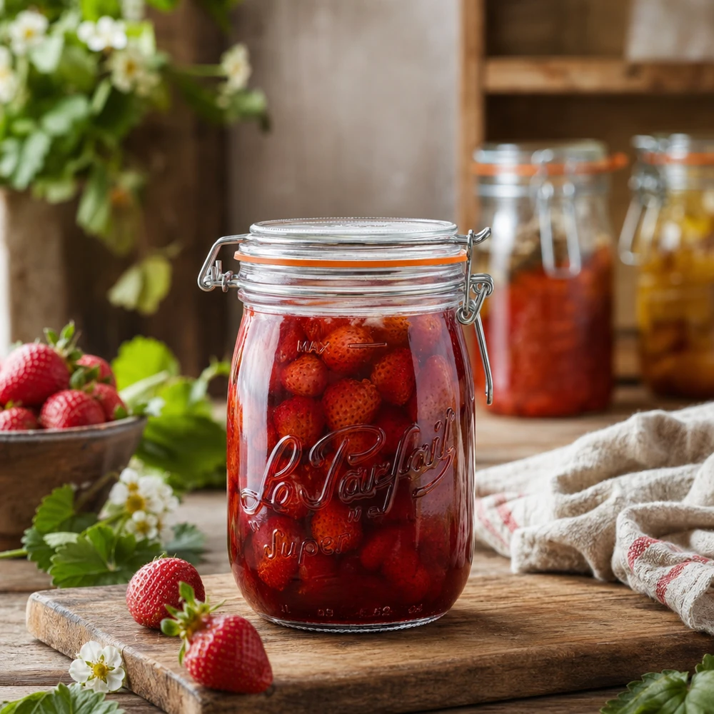 Słoik Le Parfait o pojemności 1000 ml z uchylną górą wypełniony truskawkami na drewnianej desce w rustykalnej kuchni