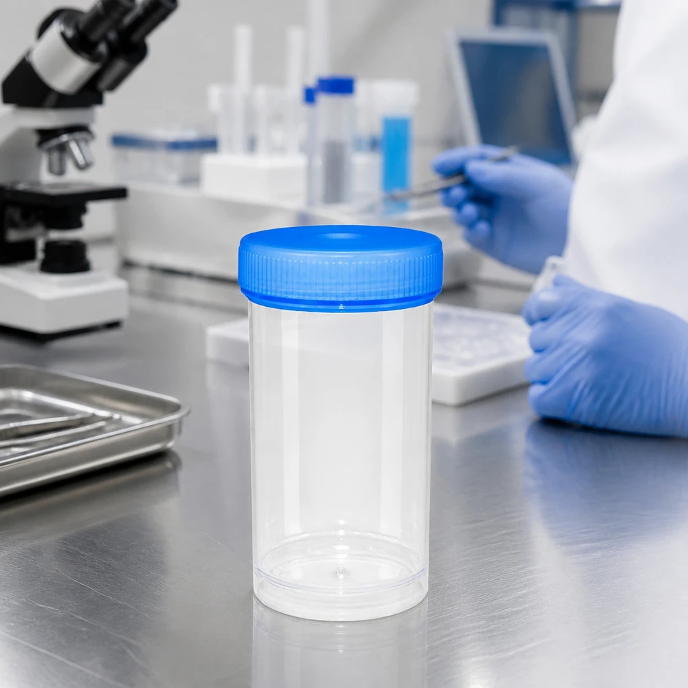 Uniwersalny plastikowy pojemnik (naczynie patologiczne) 100 ml Pusty, sterylny pojemnik na próbki o pojemności 100 ml, wykonany z przezroczystego tworzywa sztucznego, z niebieską zakrętką, stosowany w laboratorium