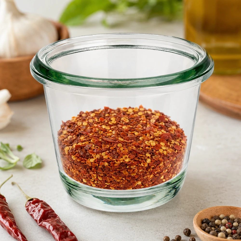 WECK gourmet słoik RR60 80ml wypełniony czerwonymi płatkami chilli pomiędzy suszonymi papryczkami chilli i ziarnami pieprzu