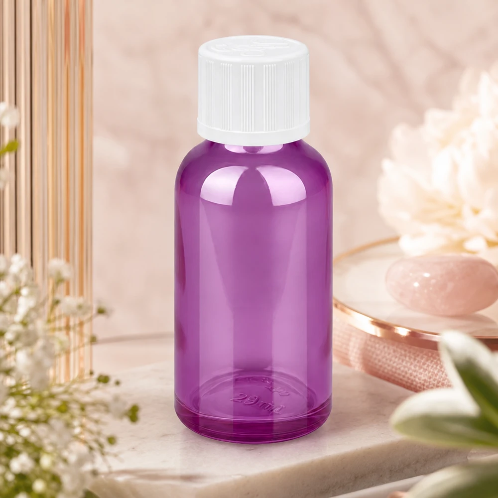 Butelka z zakraplaczem 30 ml 1,2 mm biała, standardowo zabezpieczona przed dziećmi PurpleLine.UT18/30 Wysokiej jakości butelka z zakraplaczem o pojemności 30 ml i precyzyjnym otworem 1,2 mm w eleganckim fioletowym kolorze zapewnia precyzyjne dozowanie.