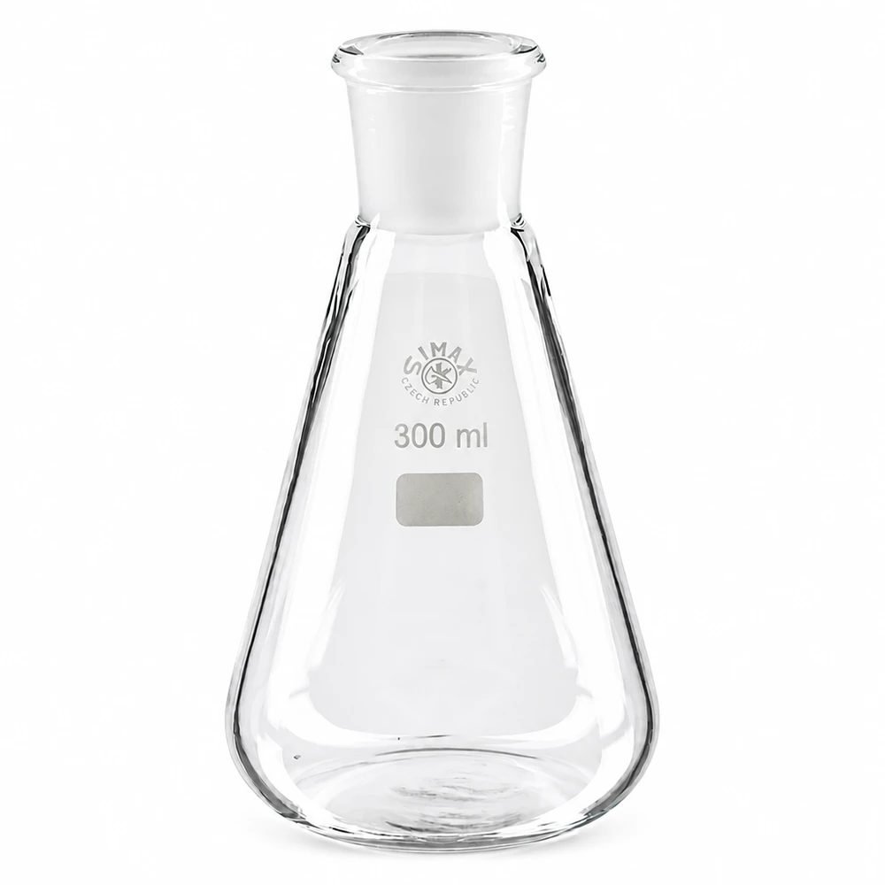 Kolba Erlenmeyera 300 ml o stożkowym kształcie i szlifowanym złączu 29/32 wykonana z przezroczystej gazy laboratoryjnej