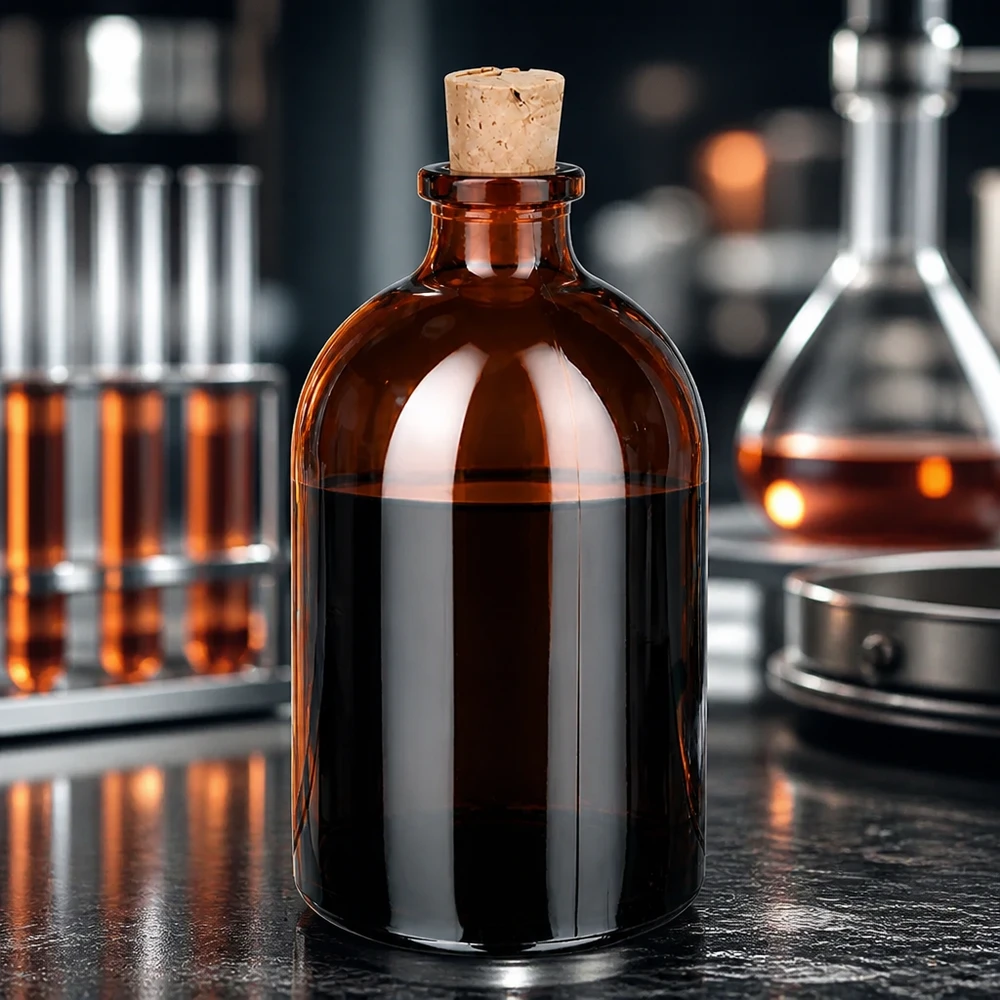 Butelka z bursztynowego szkła 100 ml z korkiem 11/14 mm Klassische Rundflasche 100ml aus bernsteinfarbenem Laborglas mit Naturkorkverschluss 11/14mm