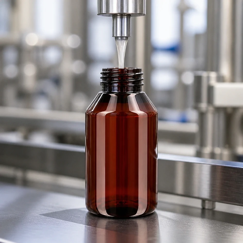 Butelka PET 50ml z nakrętką odgazowującą czerwona Linia rozlewnicza napełnia przemysłowo brązowe butelki PET o pojemności 50 ml z czerwonymi nakrętkami odgazowującymi