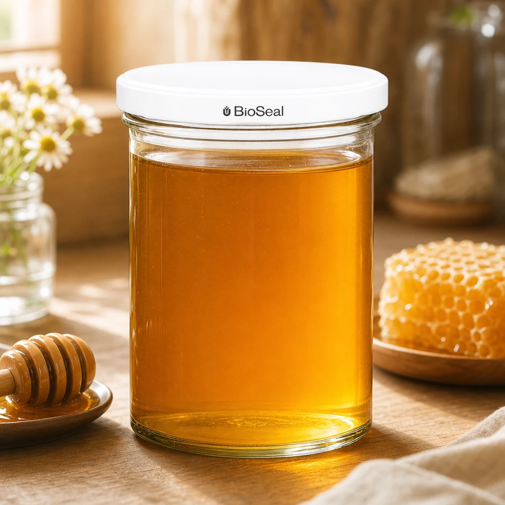 UNiTWIST lintel435 z białą pokrywą TO82 BioSeal Kubki UNiTWIST 435 ml wypełnione miodem obok plastra miodu i łyżki miodu pokazują naturalne przechowywanie żywności