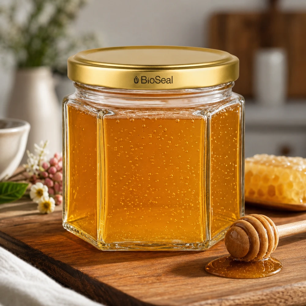 UNiTWIST Hexa47 ze złotą pokrywką TO43 BioSeal Słoik na miód UNiTWIST Hexa47 ze złotą pokrywką TO43 BioSeal na drewnianej desce z łyżką miodu w naturalnej kuchni