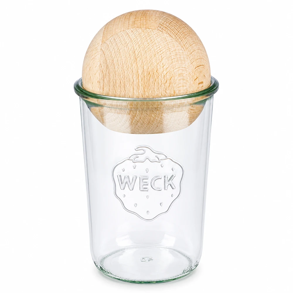 Kubki termiczne 850ml WECK RR100 z drewnianą kulką buk WECK RR100 kubek 850ml z pokrywką z drewna bukowego, przezroczysty słoik na przetwory z drewnianą pokrywką